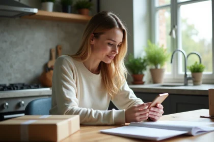 Femme utilisant son smartphone dans une cuisine moderne