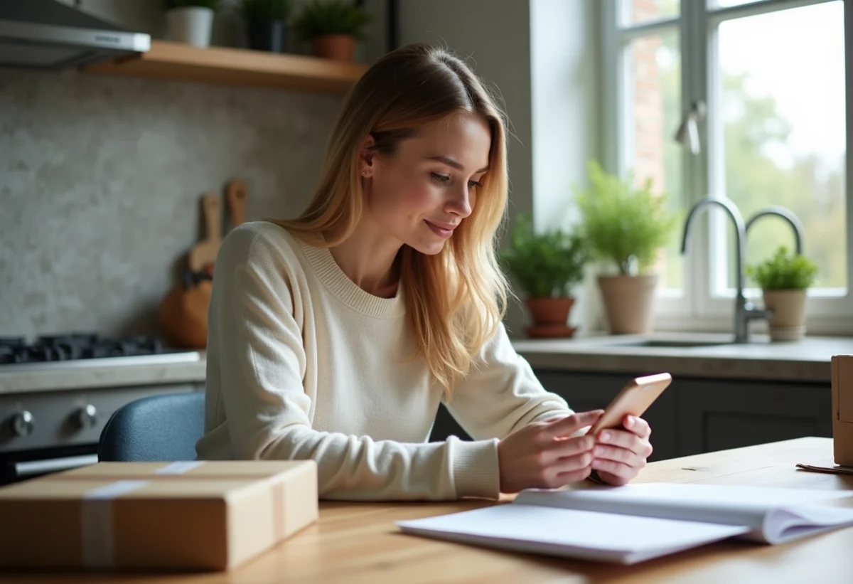 Femme utilisant son smartphone dans une cuisine moderne