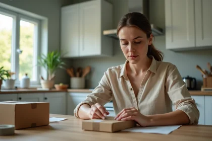 Femme travaillant à domicile en emballant des colis sur une table de cuisine en bois, illustration d'un emploi sérieux de conditionnement à la maison