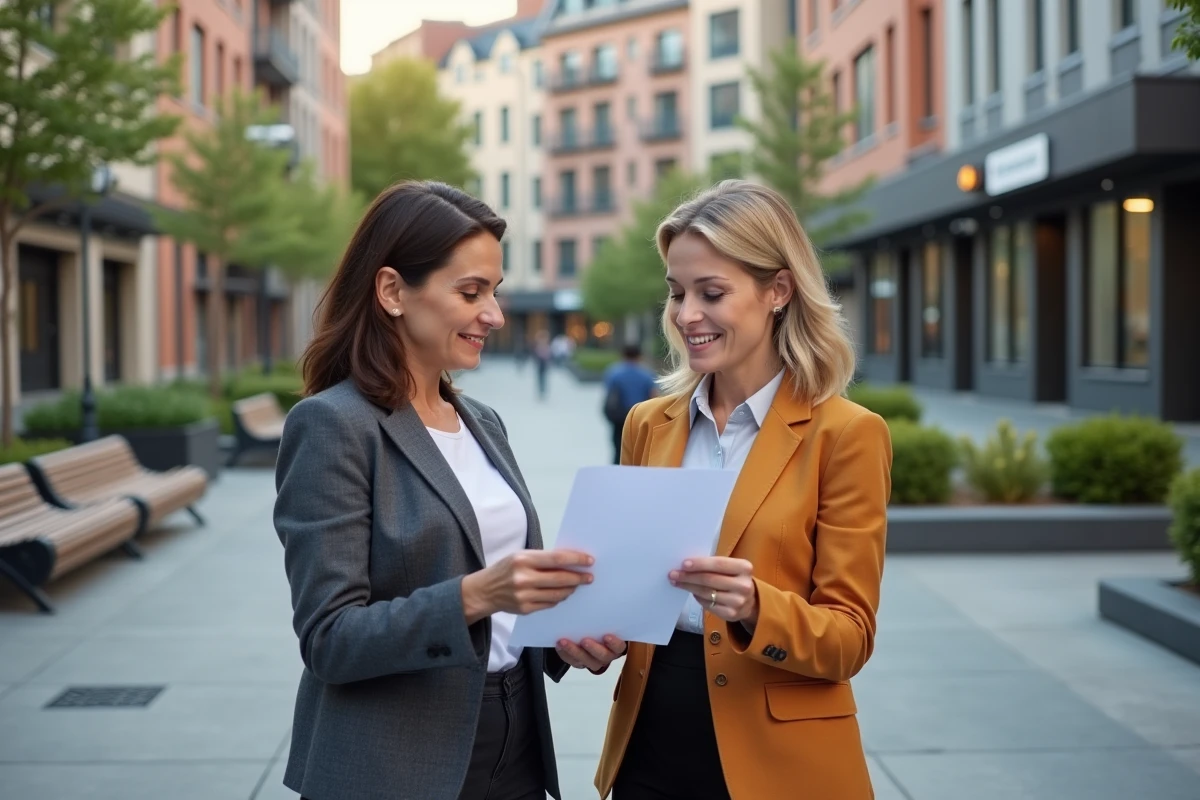 Deux femmes discutent avec des documents dans une place urbaine