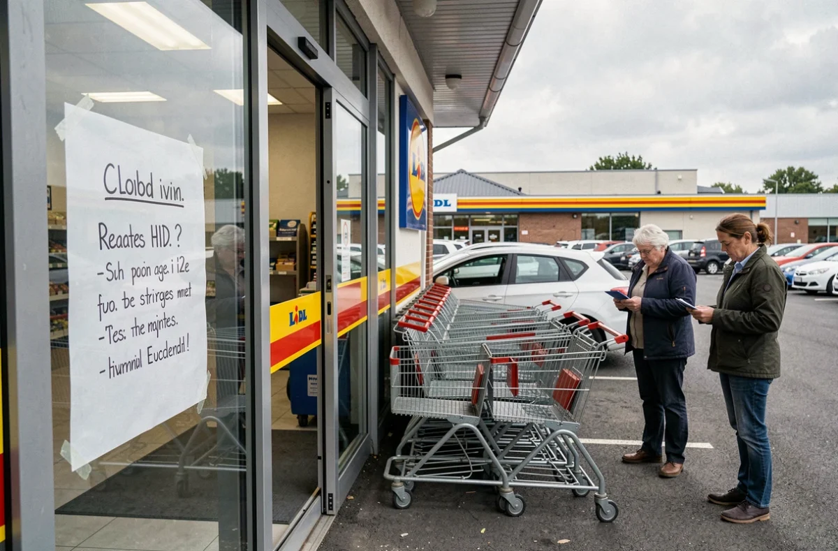 Affiche de fermeture de magasin Lidl visible en vitrine avec des clients lisant l'avis devant l'entrée d'une zone commerciale de banlieue
