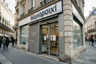 Devanture fermée d'un supermarché Monoprix en centre-ville avec volets métalliques baissés et avis de fermeture affiché sur la porte
