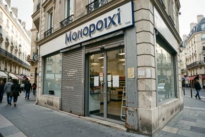 Devanture fermée d'un supermarché Monoprix en centre-ville avec volets métalliques baissés et avis de fermeture affiché sur la porte