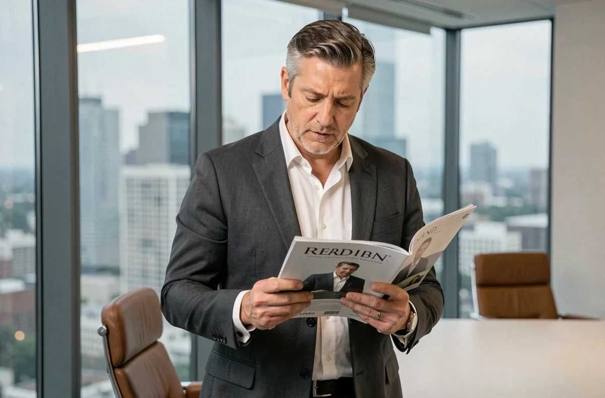 Fondateur d'entreprise consultant un magazine de référence devant une fenêtre panoramique de bureau en ville