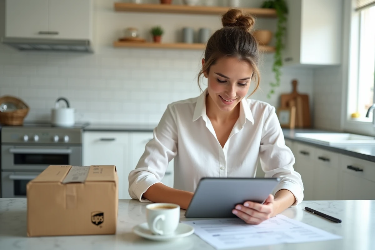 Jeune femme remplissant un formulaire UPS sur tablette avec colis et documents sur une table de cuisine moderne