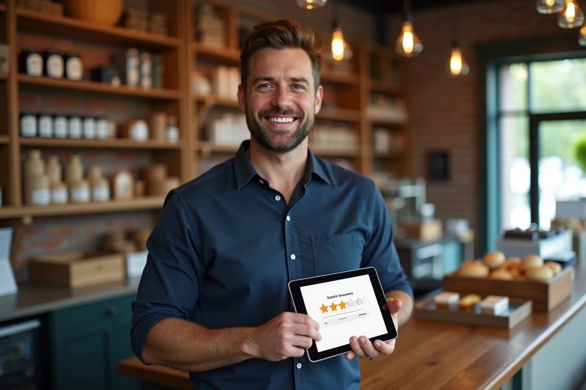Propriétaire d'une boutique consultant les paramètres d'avis clients sur une tablette dans son commerce