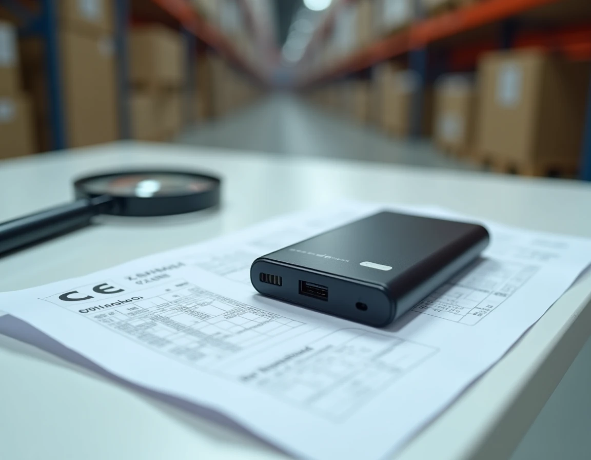 Gros plan sur un produit électronique avec étiquette CE Mark et fiche technique bilingue chinois-français dans un entrepôt logistique
