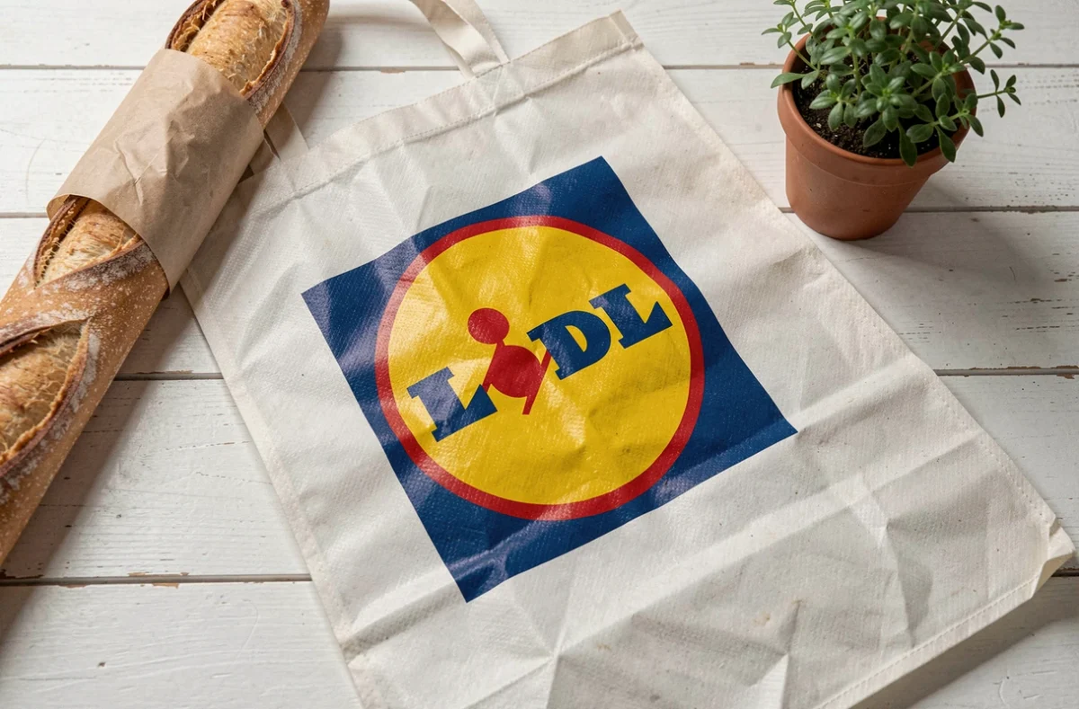 Gros plan sur un sac de courses Lidl avec le logo imprimé en jaune rouge et bleu posé sur une table en bois blanc