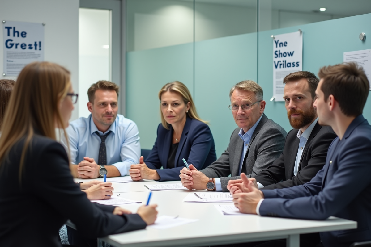 Groupe de professionnels lors d'un atelier en salle moderne
