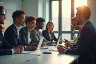 Groupe de consultants en réunion collaborative autour d'une table lumineuse