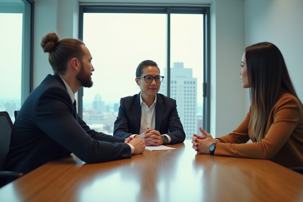Groupe de trois personnes en discussion dans une salle de réunion