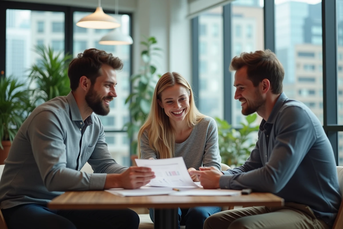 Groupe de trois personnes discutant d avis clients au bureau