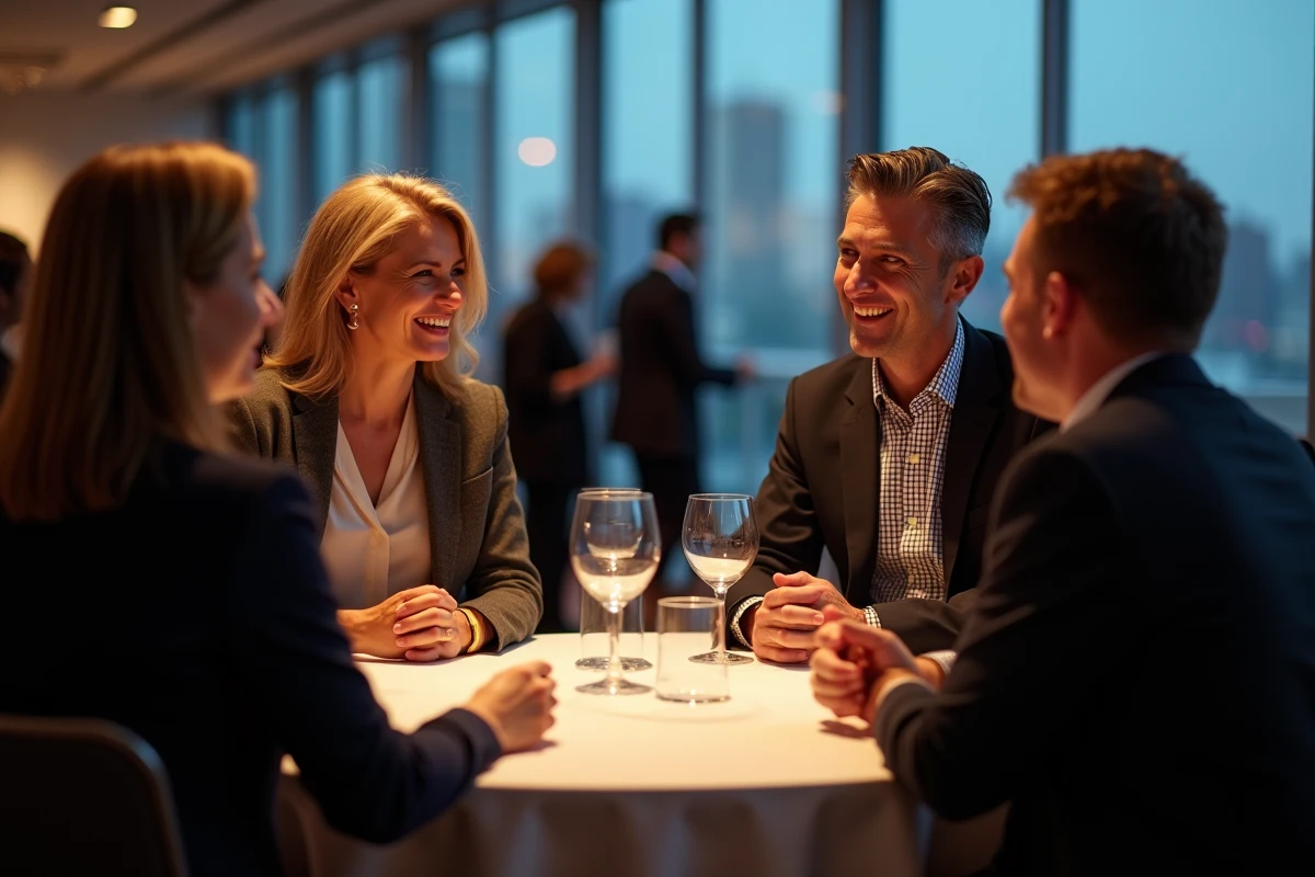 Groupe de professionnels en discussion animée autour d'une table haute lors d'une soirée de networking B2B en entreprise