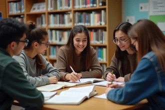 Groupe d'étudiants universitaires en discussion dans une bibliothèque moderne