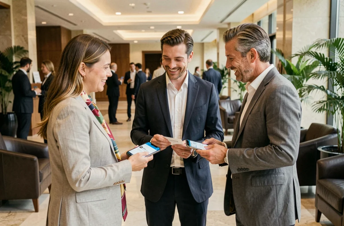 Groupe de professionnels échangeant des contacts lors d'un événement de networking B2B dans le lobby d'un hôtel moderne