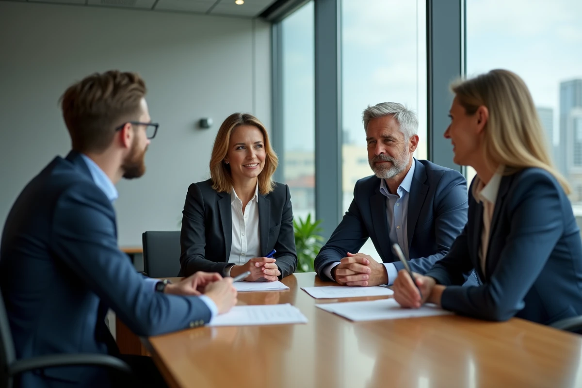Groupe de quatre professionnels en réunion dans un bureau moderne