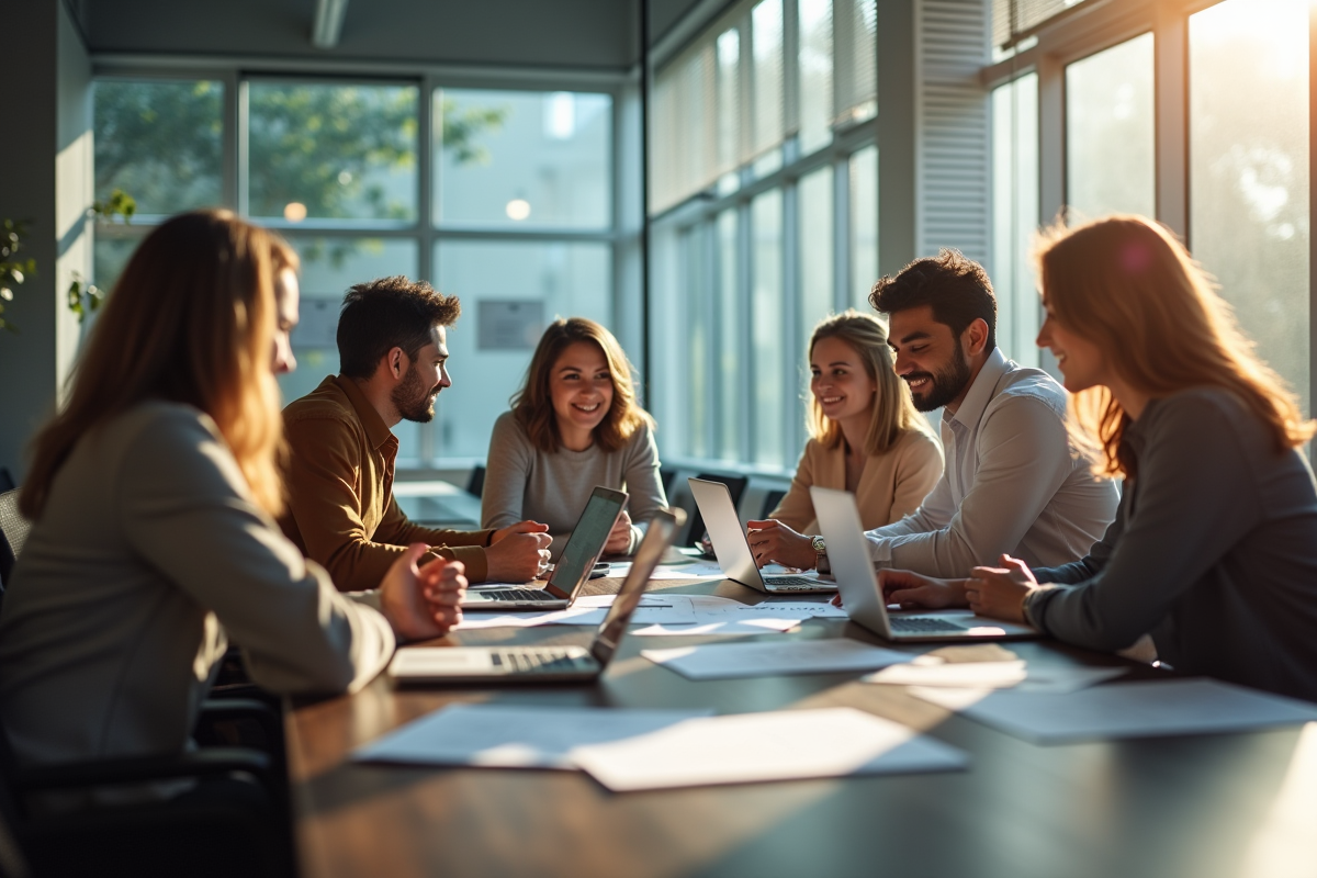 Groupe de professionnels en réunion collaborative en matinée