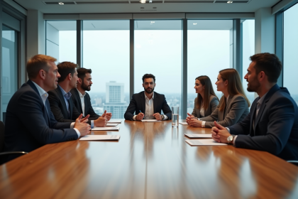 Groupe de six adultes en réunion dans un bureau moderne