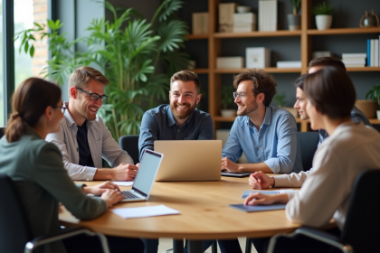 Groupe diversifié en réunion de travail dans un bureau moderne