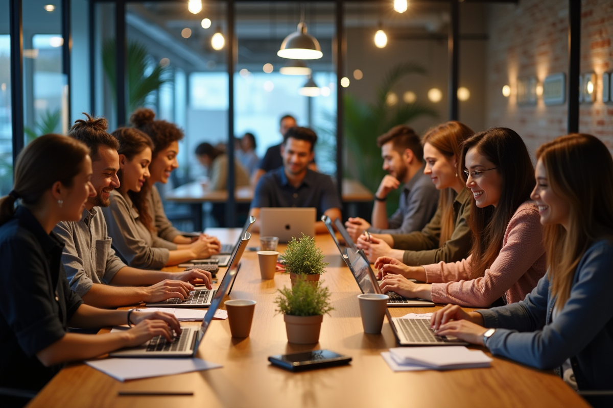 Groupe diversifié travaillant ensemble dans un espace coworking dynamique