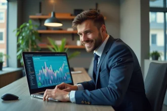 Homme d'affaires concentré devant un tableau de bord numérique