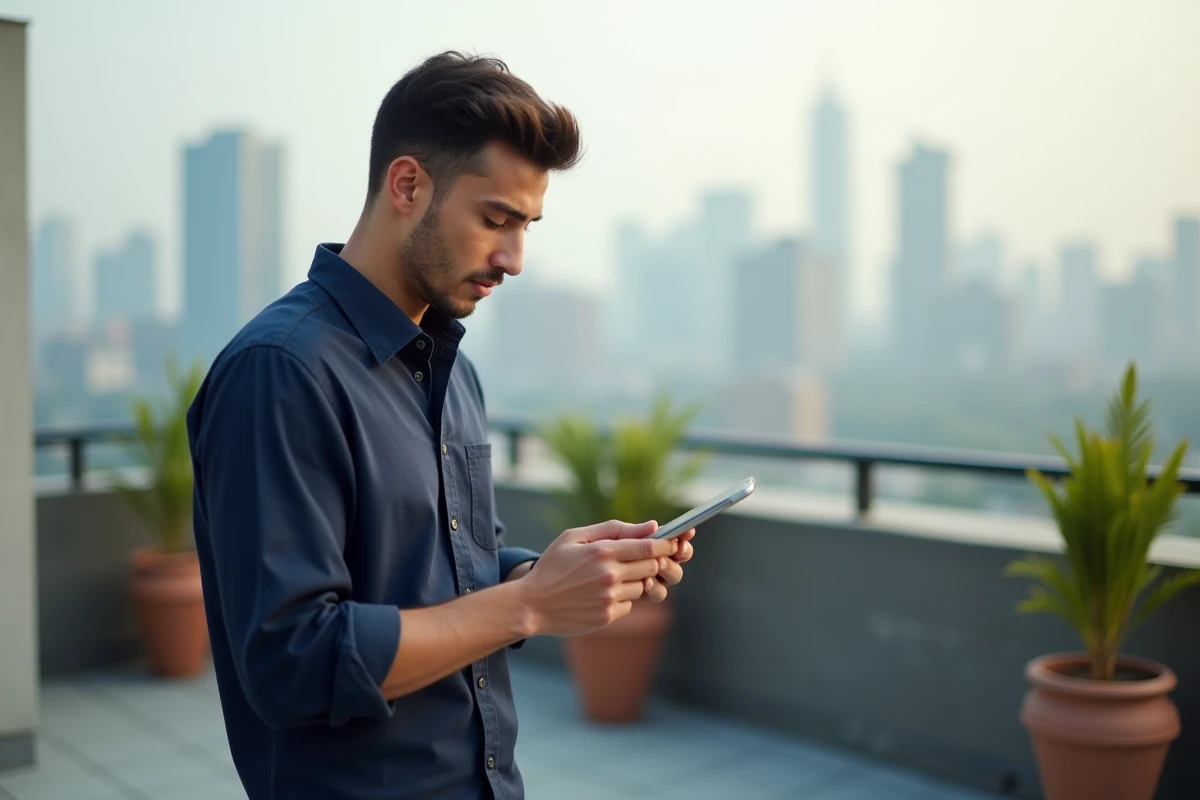 Jeune homme vérifiant ses statistiques Instagram sur un rooftop urbain