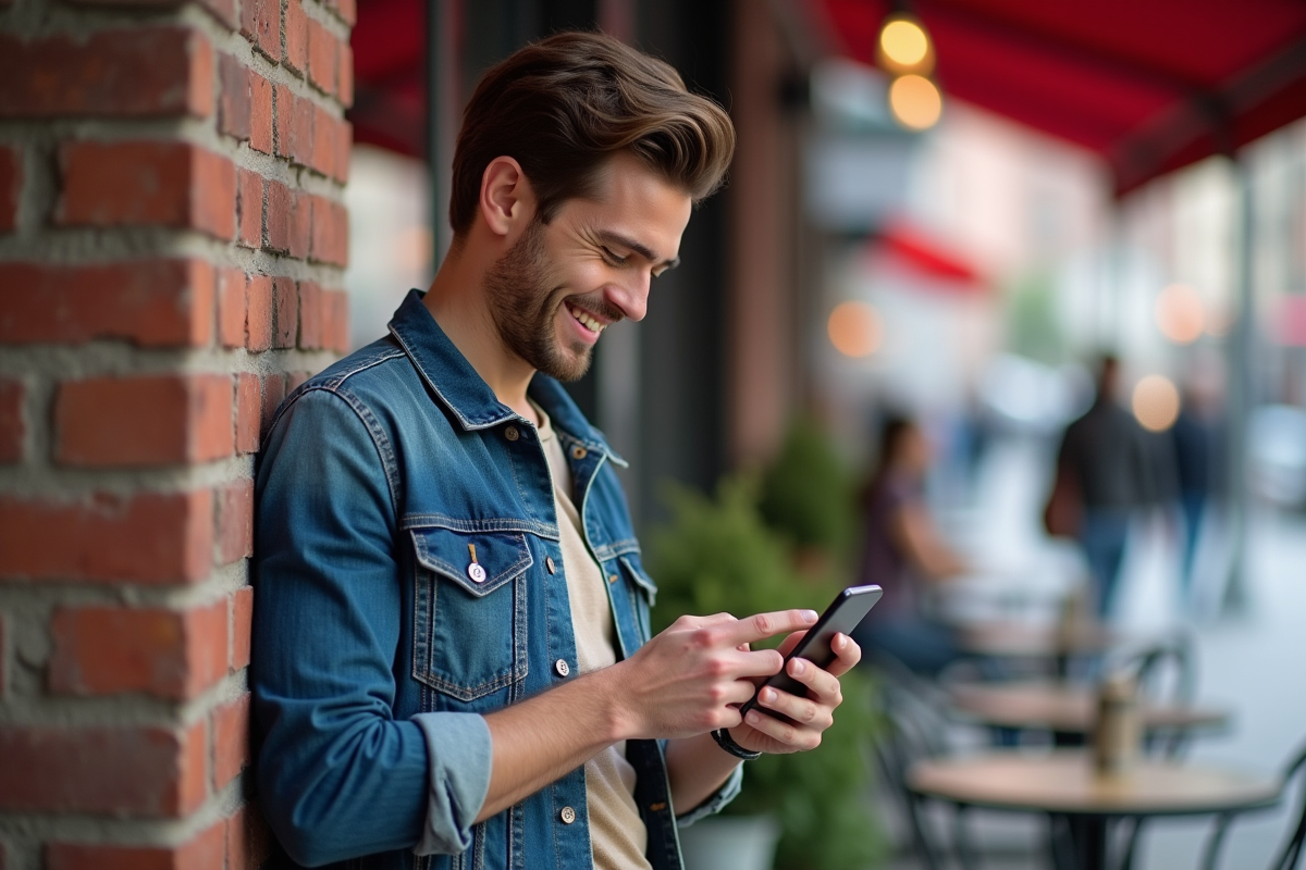 Homme décontracté utilisant son smartphone dehors