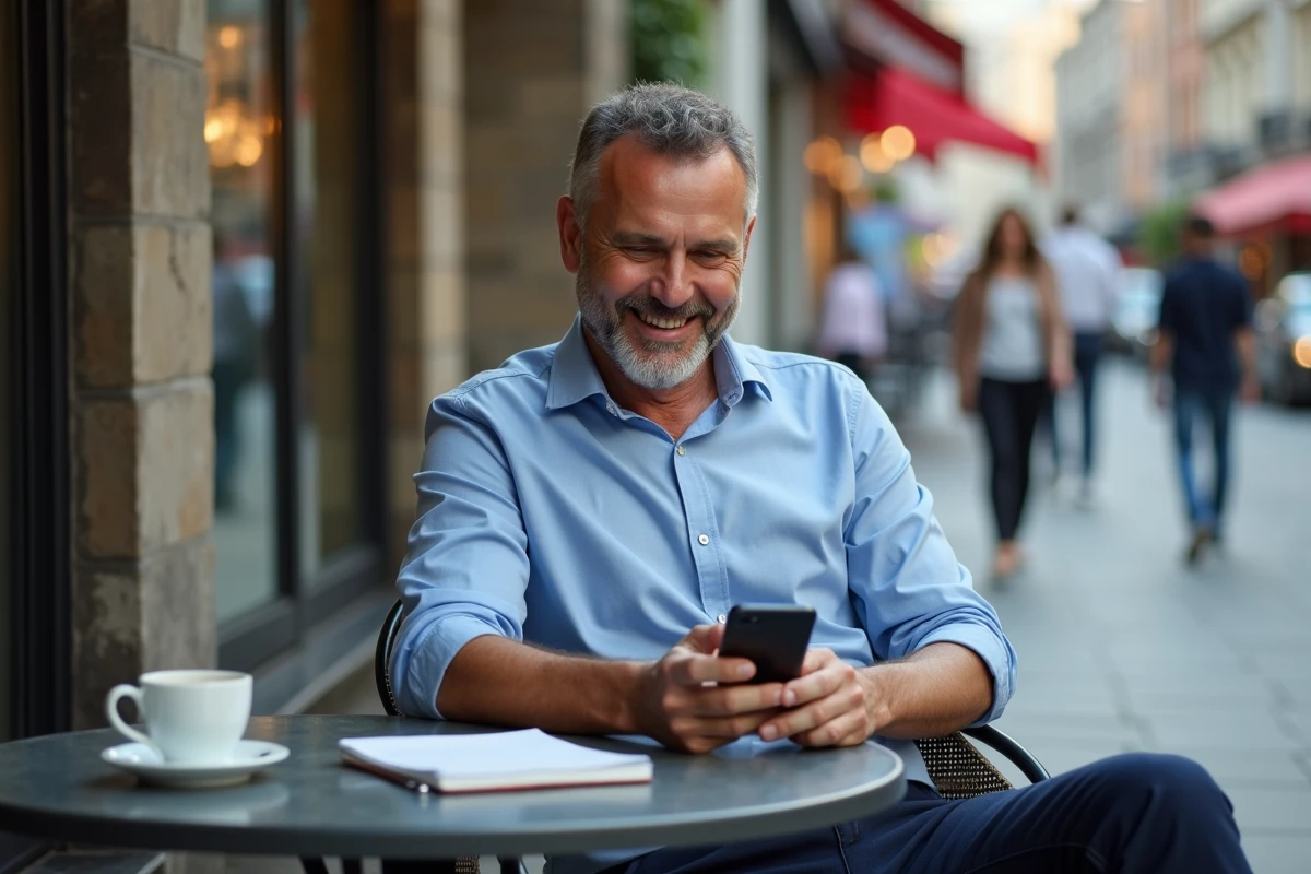 Homme détendu dans un café urbain utilisant son smartphone