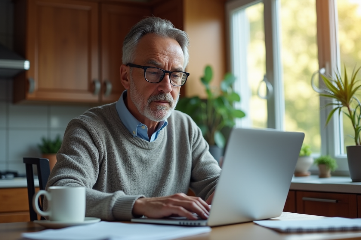 Homme au domicile travaillant sur son ordinateur portable