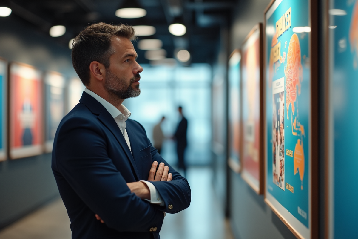 Homme daffaires analysant une affiche dans un bureau moderne