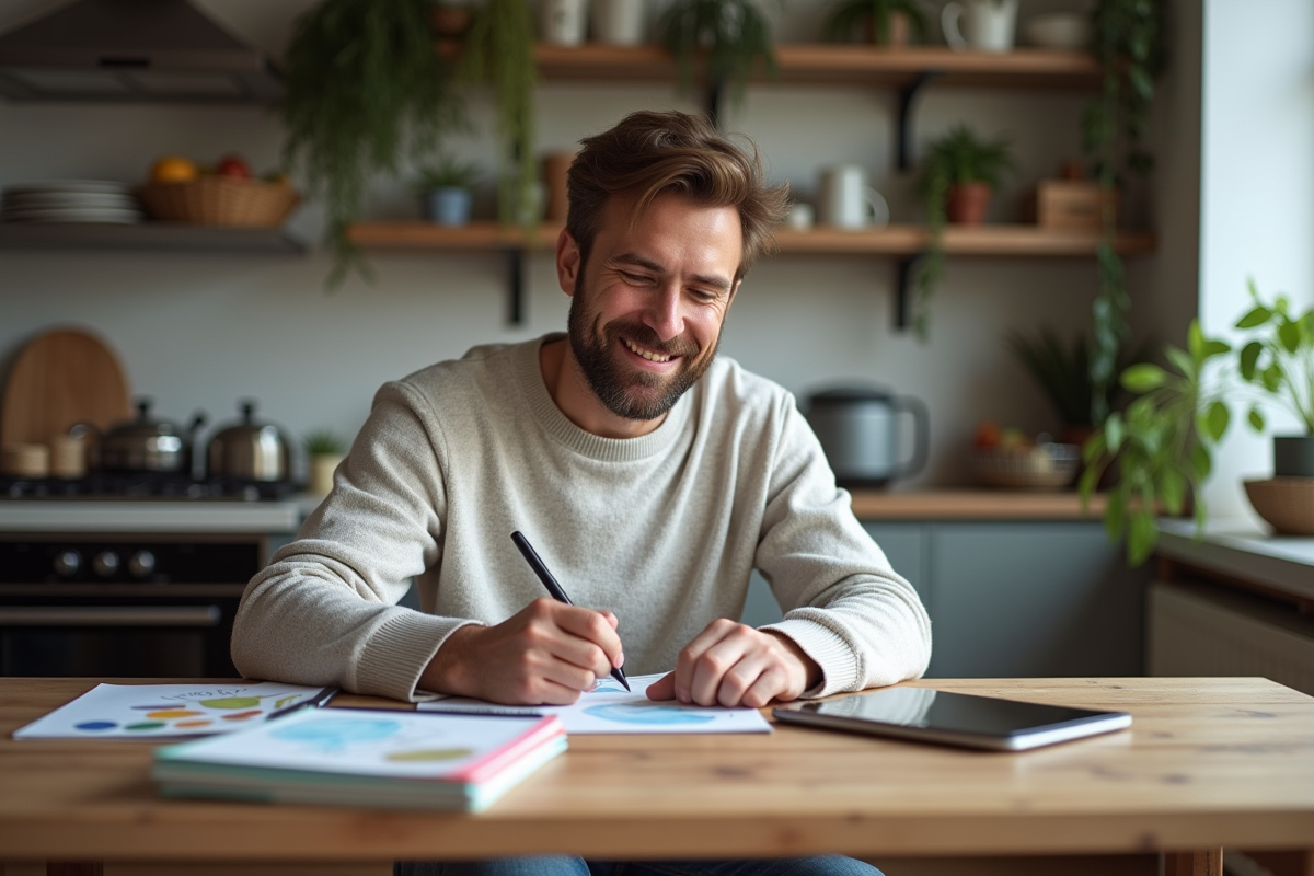 Homme créatif à la maison examinant ses carnets de croquis