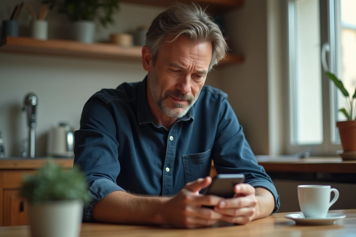 Homme consultant son compte MyPeopleDoc sur smartphone depuis son domicile