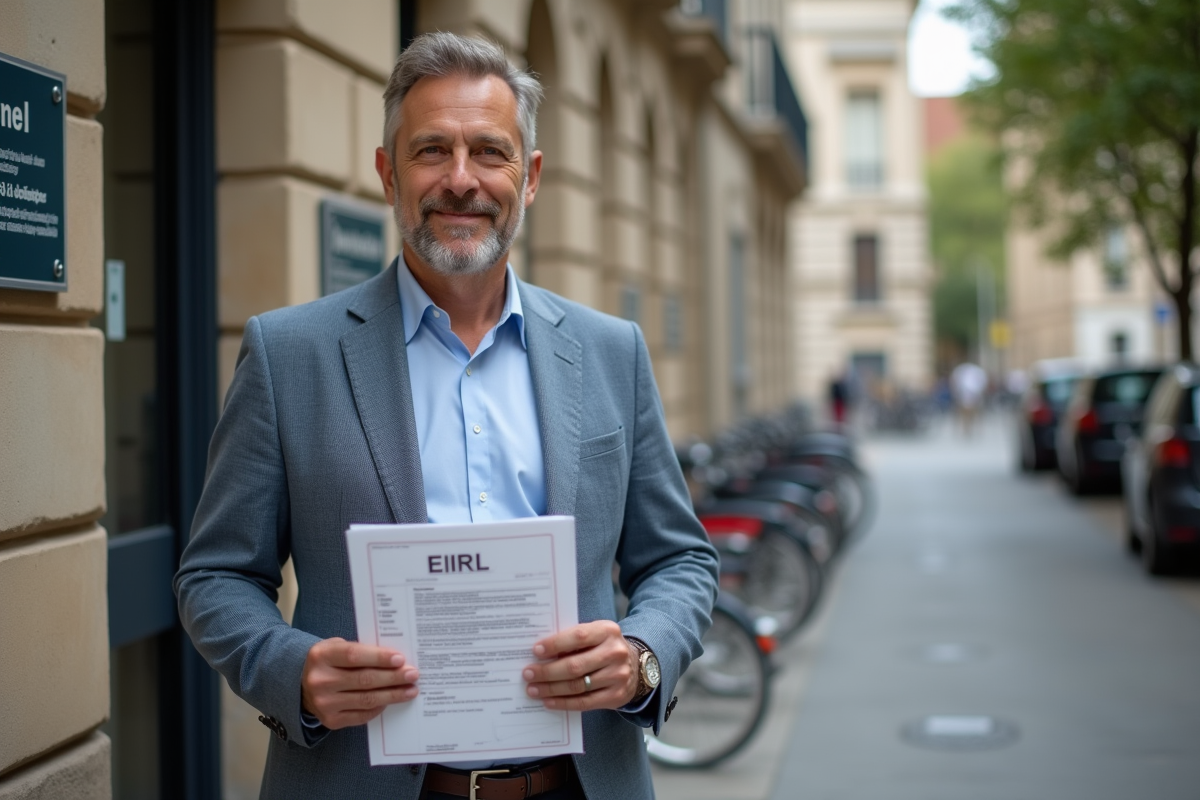 Homme debout devant un bâtiment administratif français avec dossier stampé