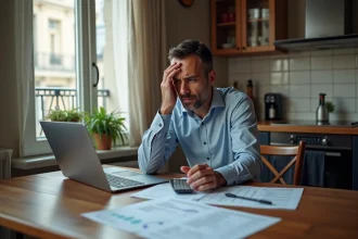 Homme inquiet avec ordinateur et formulaires fiscaux