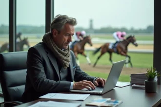 Homme professionnel en veste taillee utilisant un ordinateur dans un espace de travail moderne avec vue sur un hippodrome