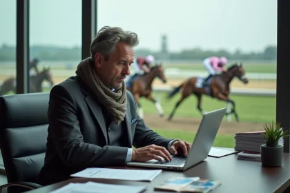 Homme professionnel en veste taillee utilisant un ordinateur dans un espace de travail moderne avec vue sur un hippodrome