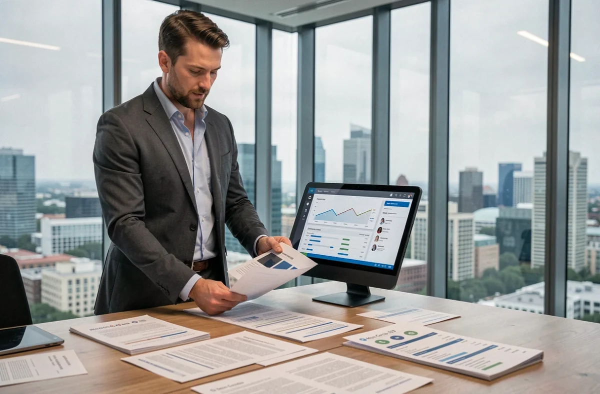 Homme d'affaires analysant des données de prospection B2B sur tablette dans une salle de réunion avec vue sur la ville