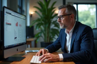 Homme d'affaires analysant des données de trot en intérieur