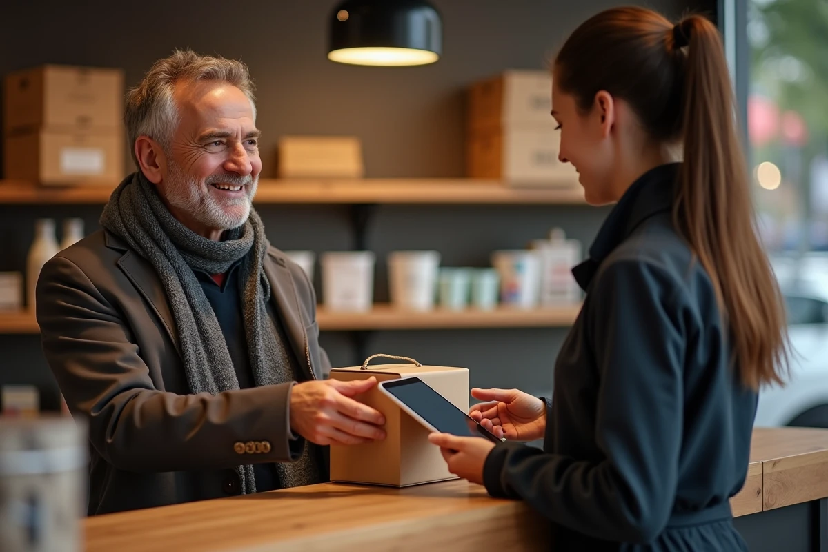 Homme remettant un colis à un vendeur dans un magasin