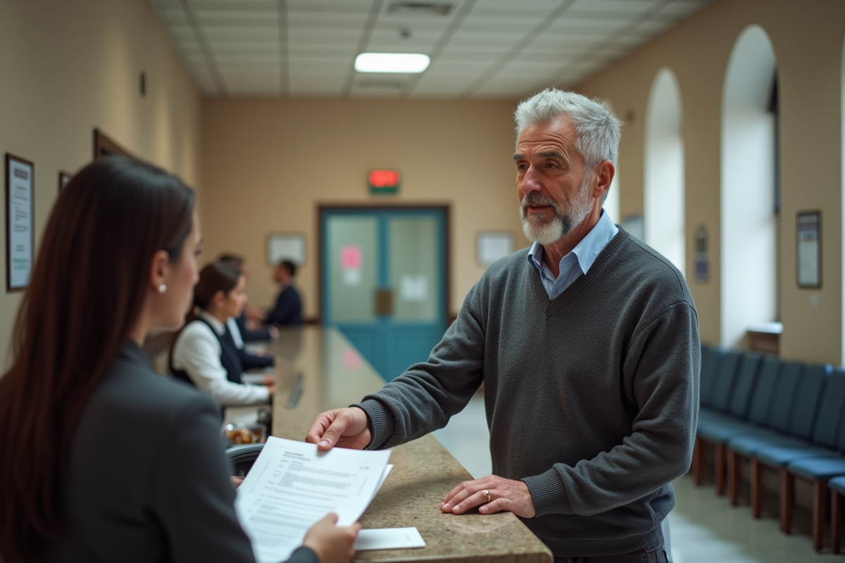 Homme remettant des papiers à une réceptionniste