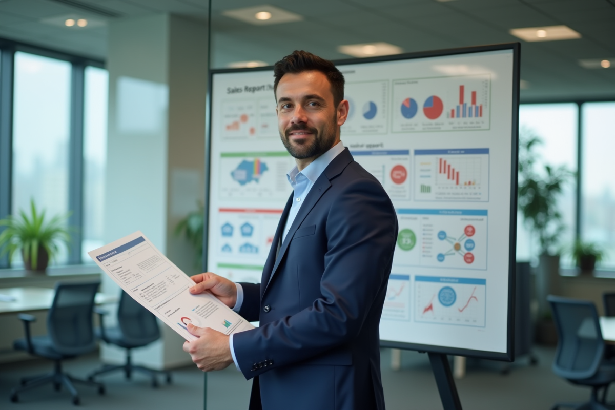 Homme en costume dans une réunion avec diagrammes colorés