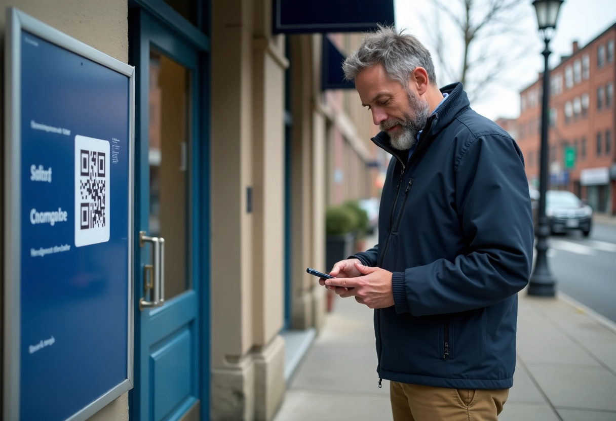 Homme scannant un QR code devant un bureau de poste