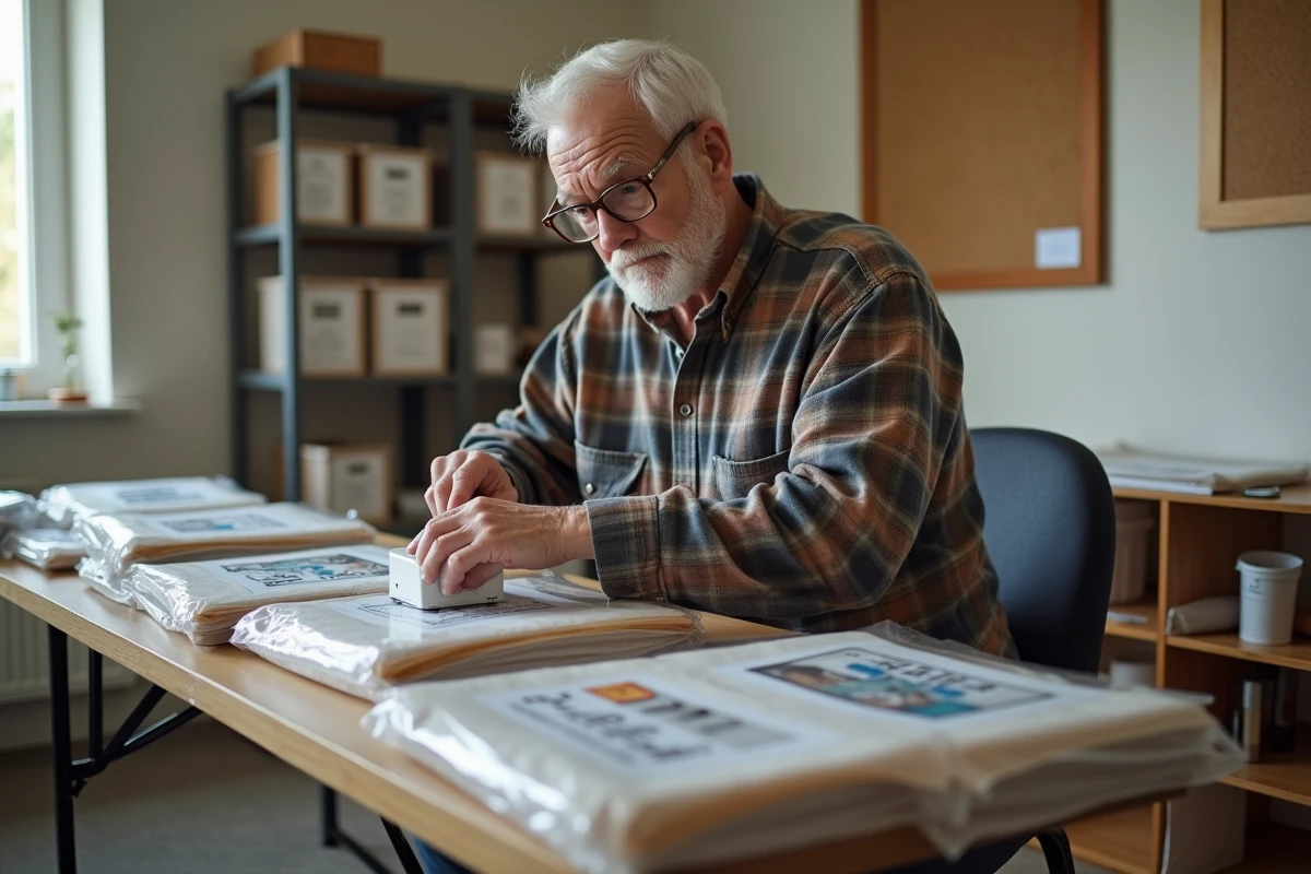Homme senior travaillant à domicile sur un poste d'emballage artisanal dans une pièce aménagée en bureau