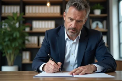 Homme d'affaires signant un contrat dans un bureau moderne