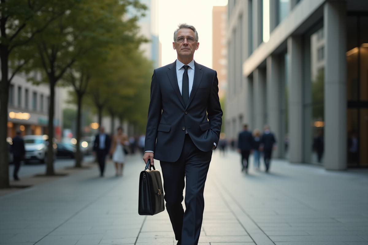 Homme confiant quittant un immeuble de bureau