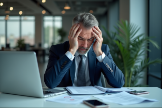 Homme d'affaires stressé au bureau en costume navy