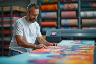 Homme inspectant un textile coloré dans un studio de textile