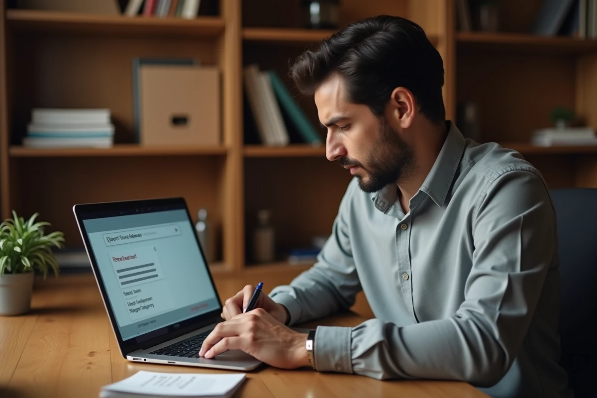 Homme en télétravail bloqué par une erreur sur un portail d'enregistrement administratif en ligne