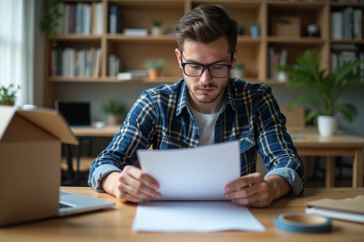 Jeune homme lisant des papiers dans un salon urbain