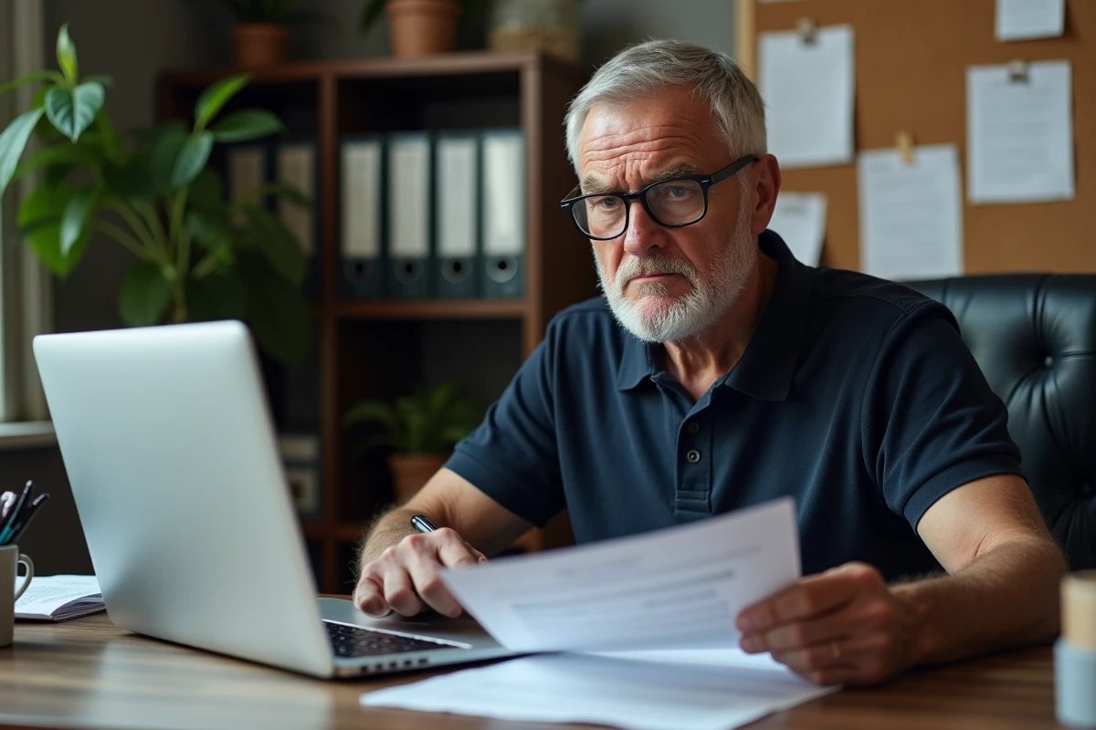 Homme à domicile analysant une offre d'emploi d'emballage à domicile sur papier et ordinateur, vérification de la fiabilité d'une annonce de travail en conditionnement